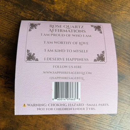 Rose quartz affirmation cards with pink white design and small parts warning in Crystal Ribbon Bookmark 16 Inch