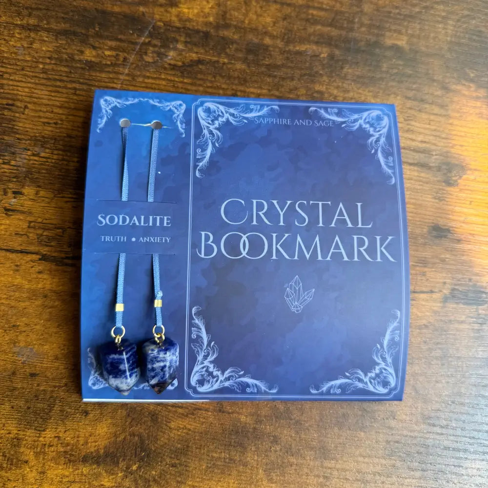 Sodalite crystal ribbon bookmark with blue white speckles gold accents 16 inch