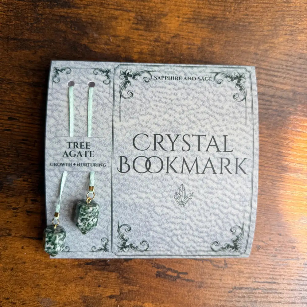 Tree agate crystal ribbon bookmark, 16 inch, green white hues silver accents