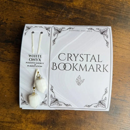 White onyx crystal ribbon bookmark, 16 inch, with gold accents and floral design