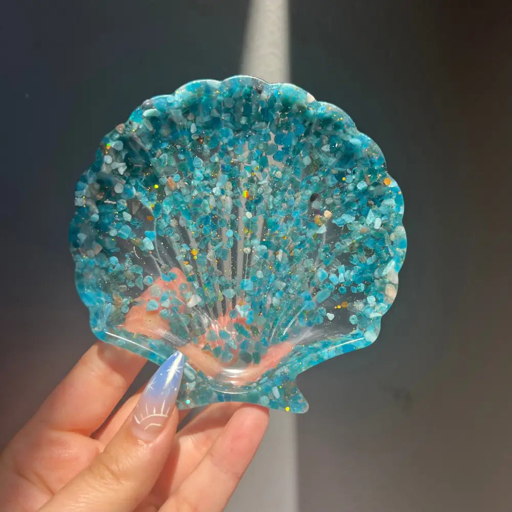 Sparkly blue seashell resin bowl with hand-placed crystals