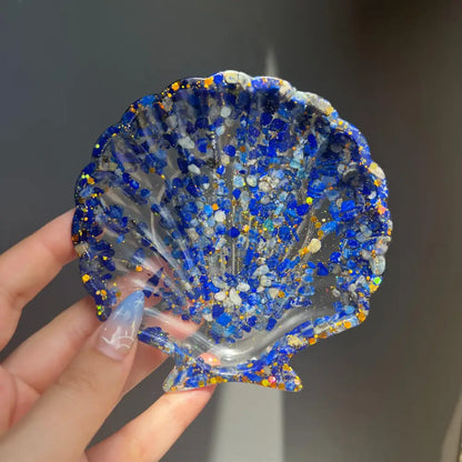 Blue and white seashell resin bowl with hand-placed crystals