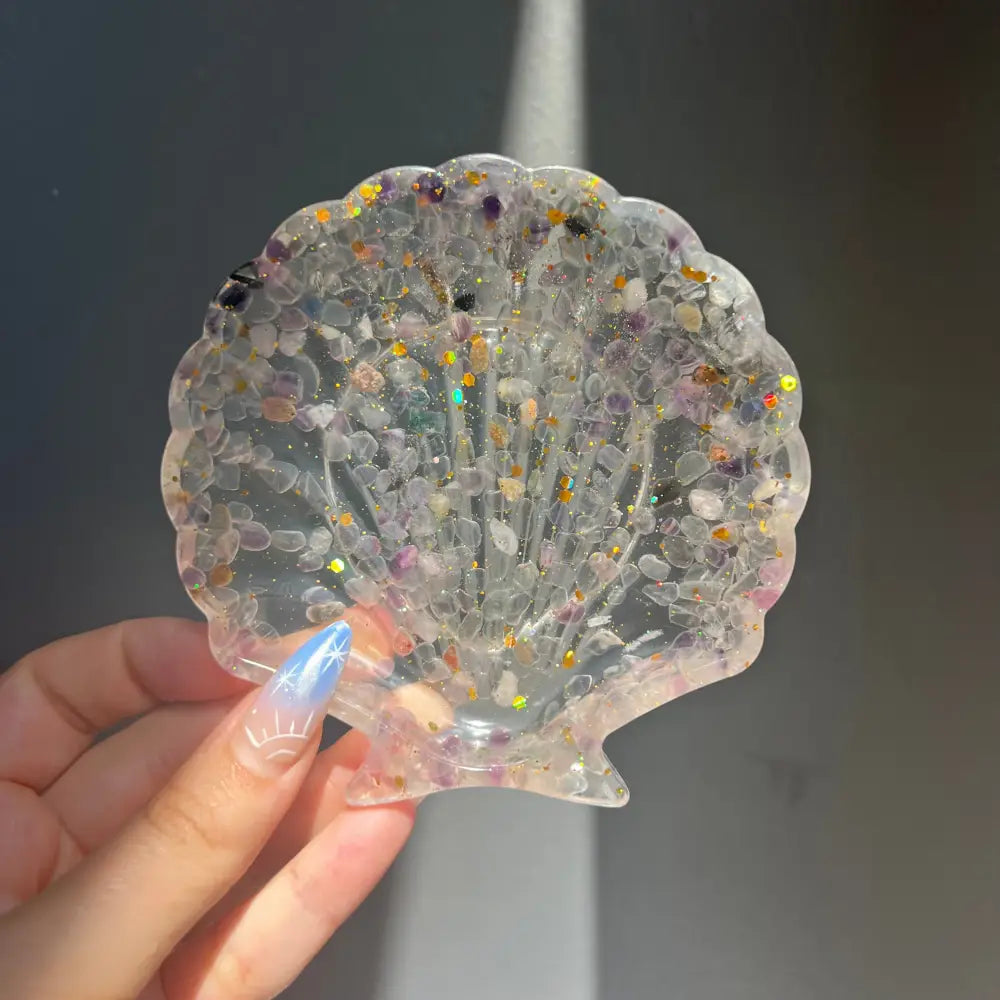 Clear scallop shell resin trinket dish with glitter and crystals