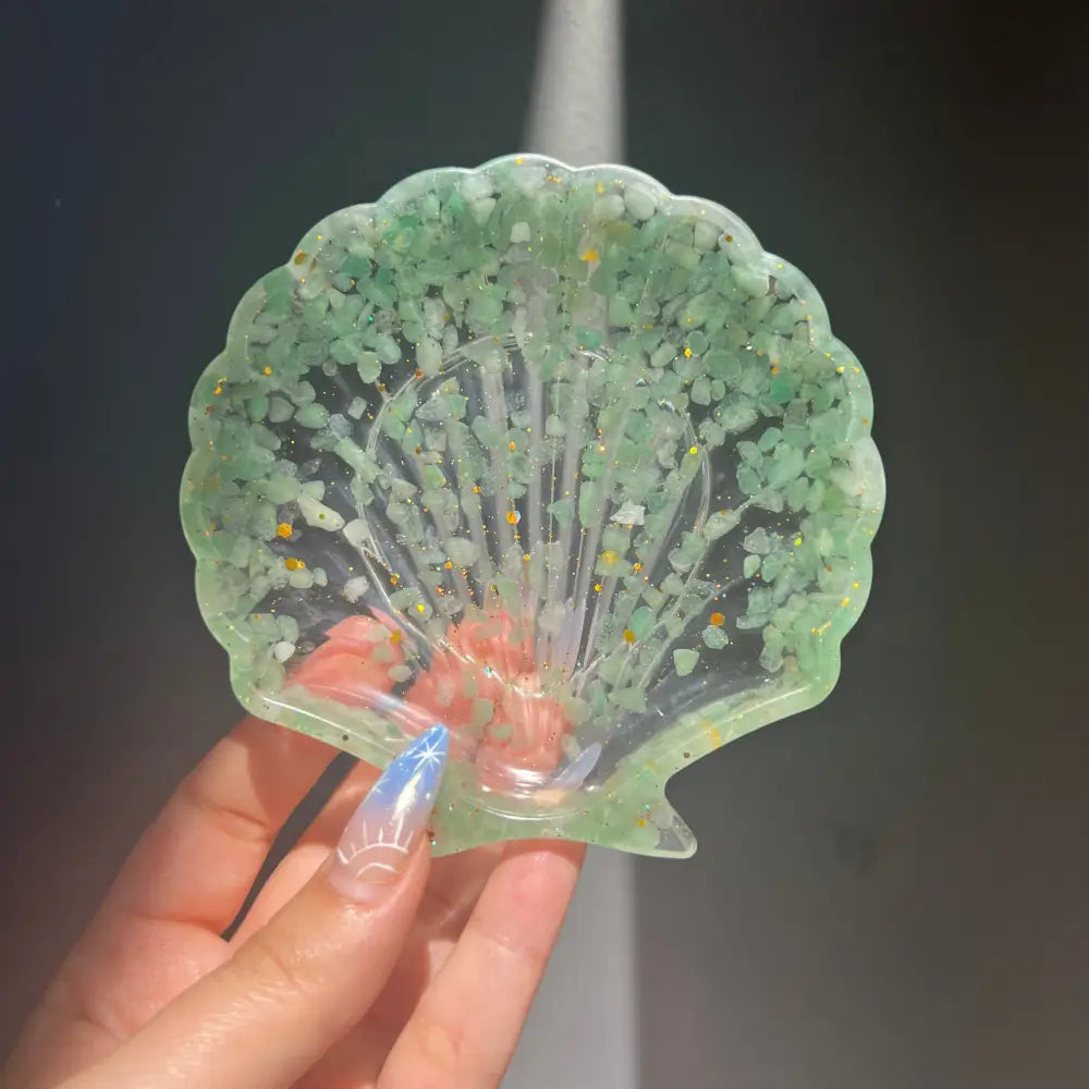 Green resin seashell soap dish with glitter, coral, and hand-placed crystals