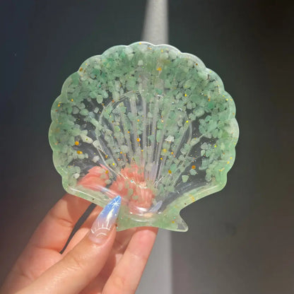 Green resin seashell soap dish with glitter, coral, and hand-placed crystals