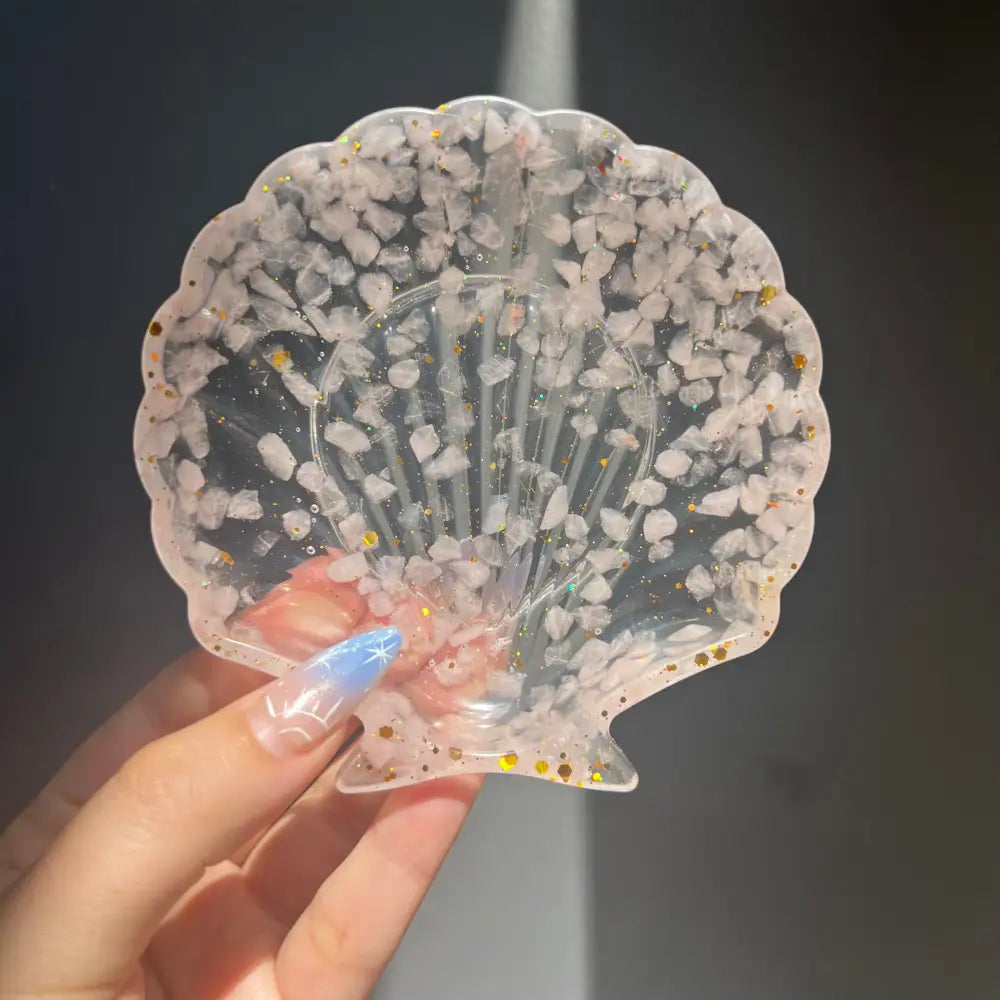 Clear crystal seashell resin bowl with pink white stones and gold glitter accents