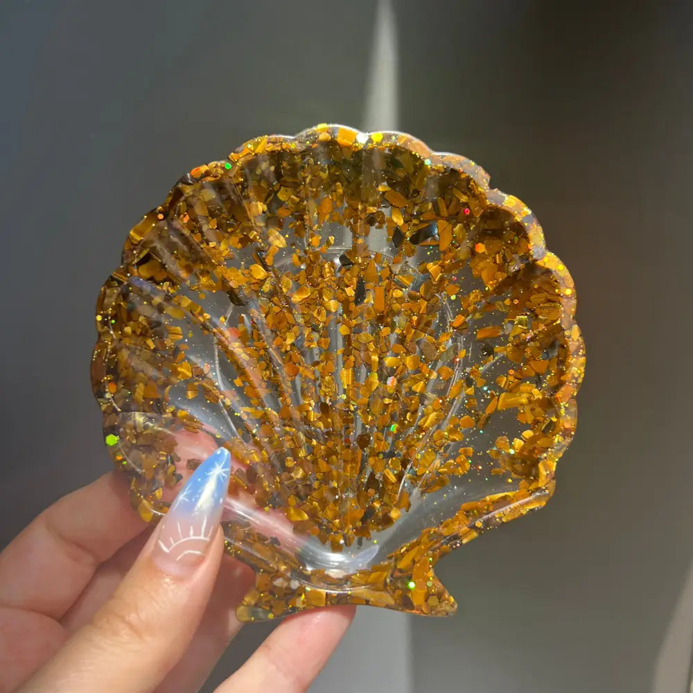 Amber resin scallop shell ornament in Crystal Seashell Resin Bowl with crystals
