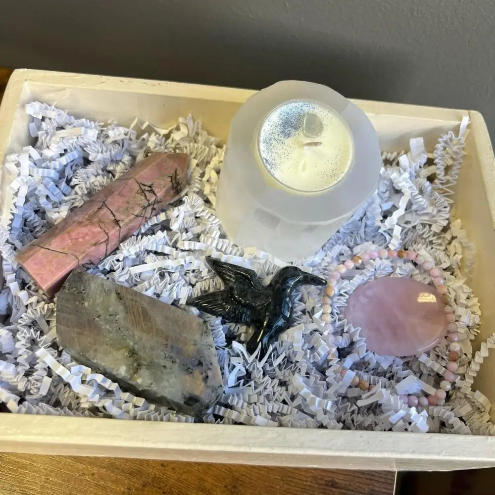 Rose quartz healing set with candle and feathers in Mystery Crystal Box from Apothecary Case