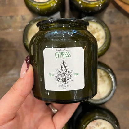 Green Cyprus Crystal Jar Candle with cypress moss scent in soy wax