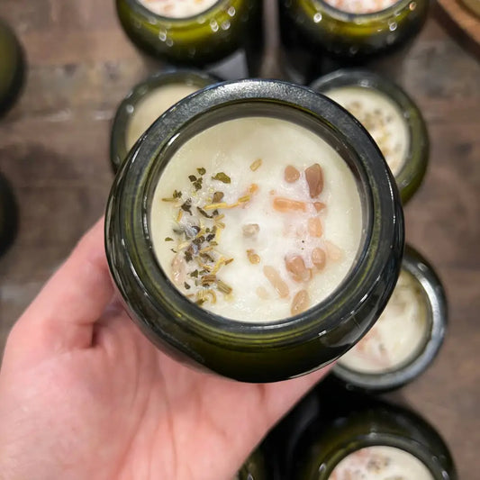 Cyprus green glass jar candle with soy wax and herbs