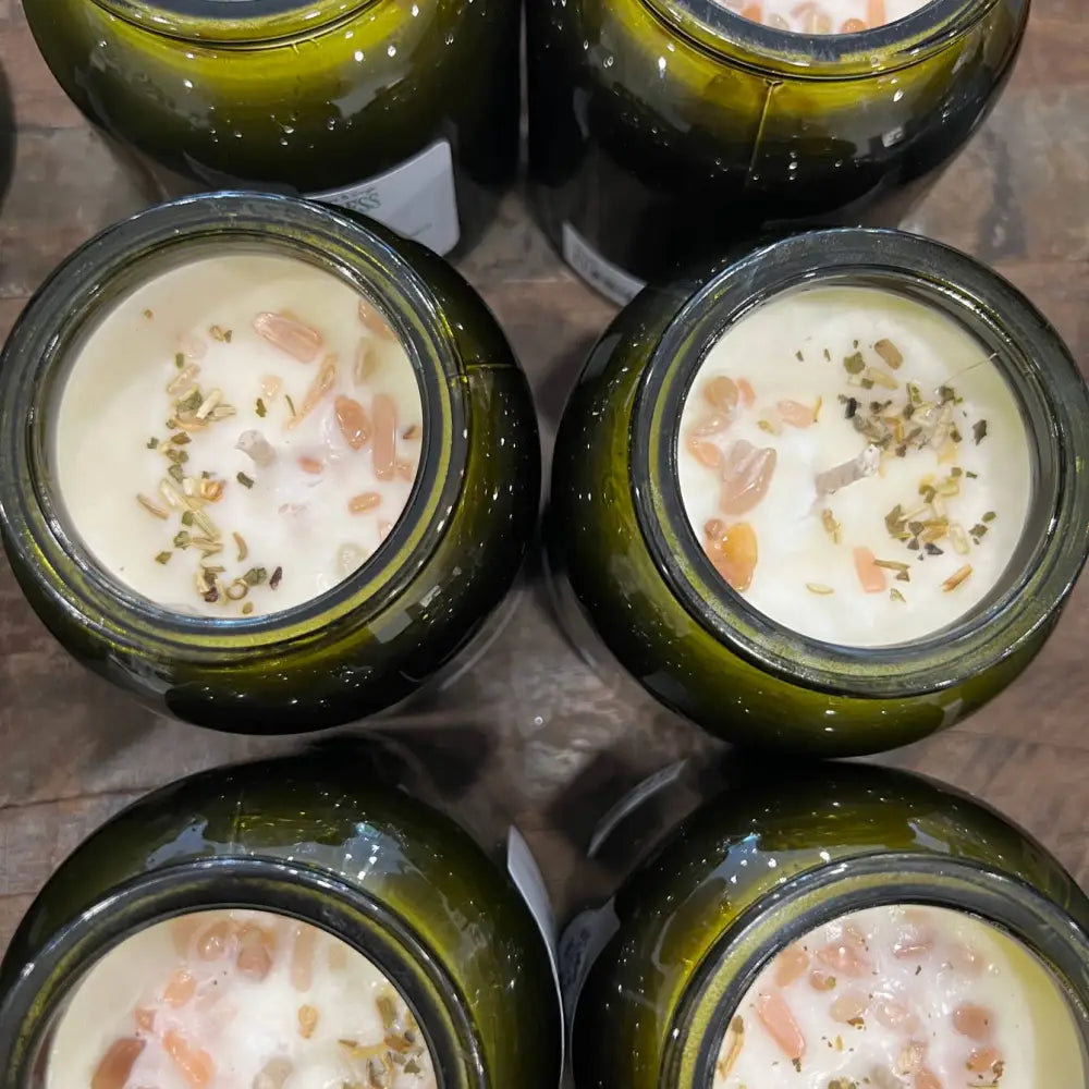 Cyprus artisanal green glass jar candle with soy wax and herbs