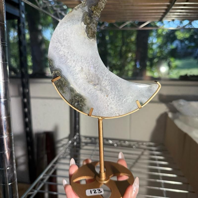 Moss Agate Moon on Stand - Energy Earthy Greens