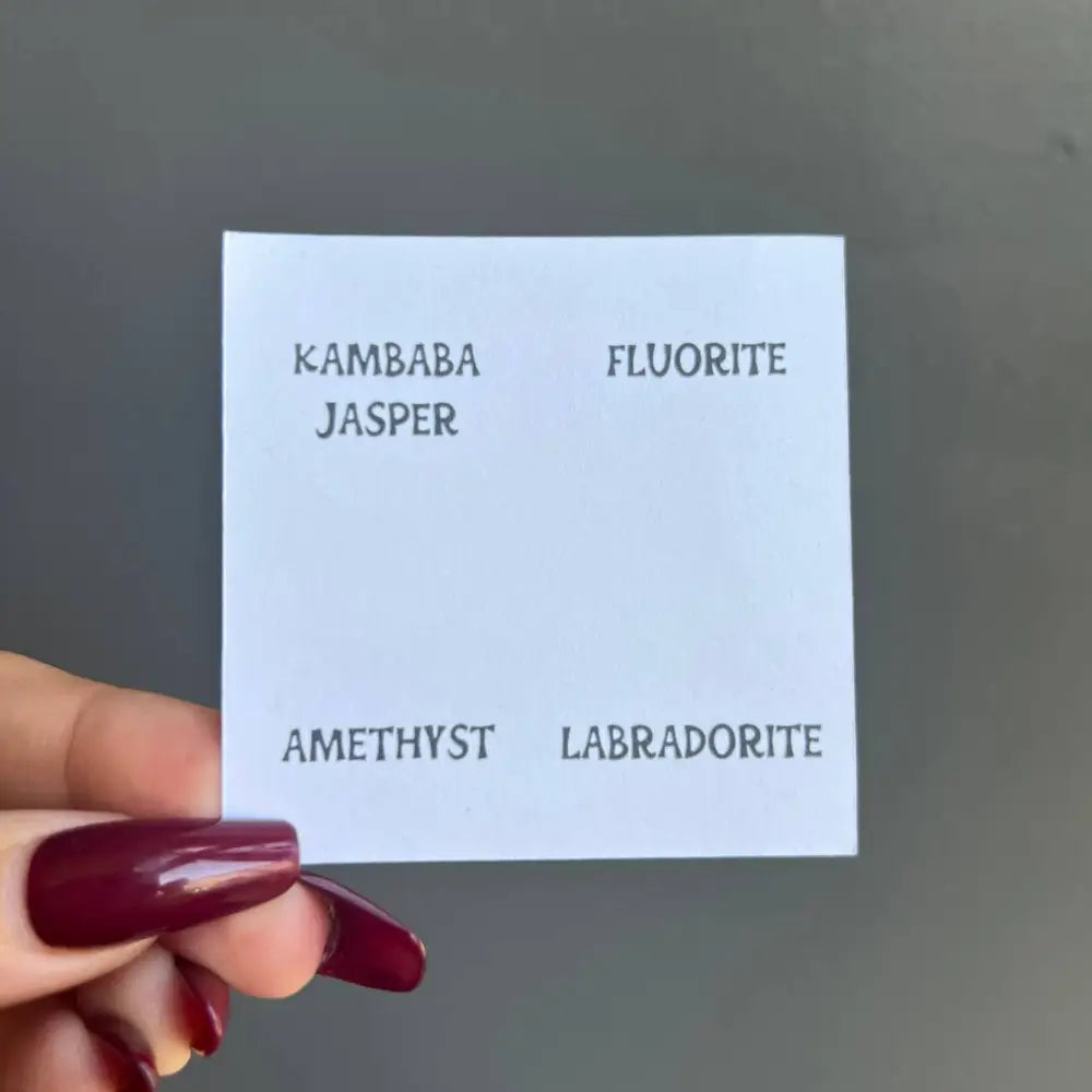White card listing gemstone names in Natural Healing Crystal Set