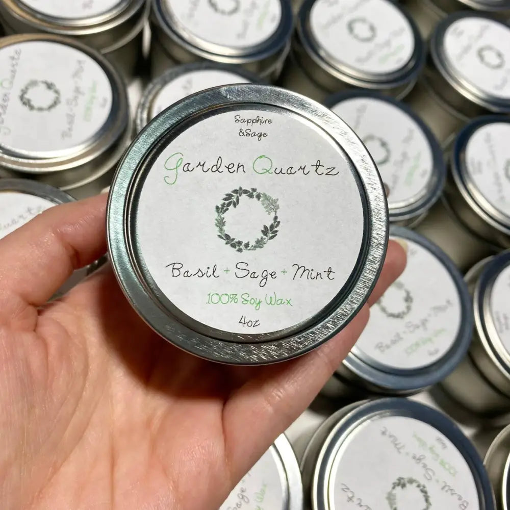 4oz basil sage mint soy wax candle tin with garden quartz stone