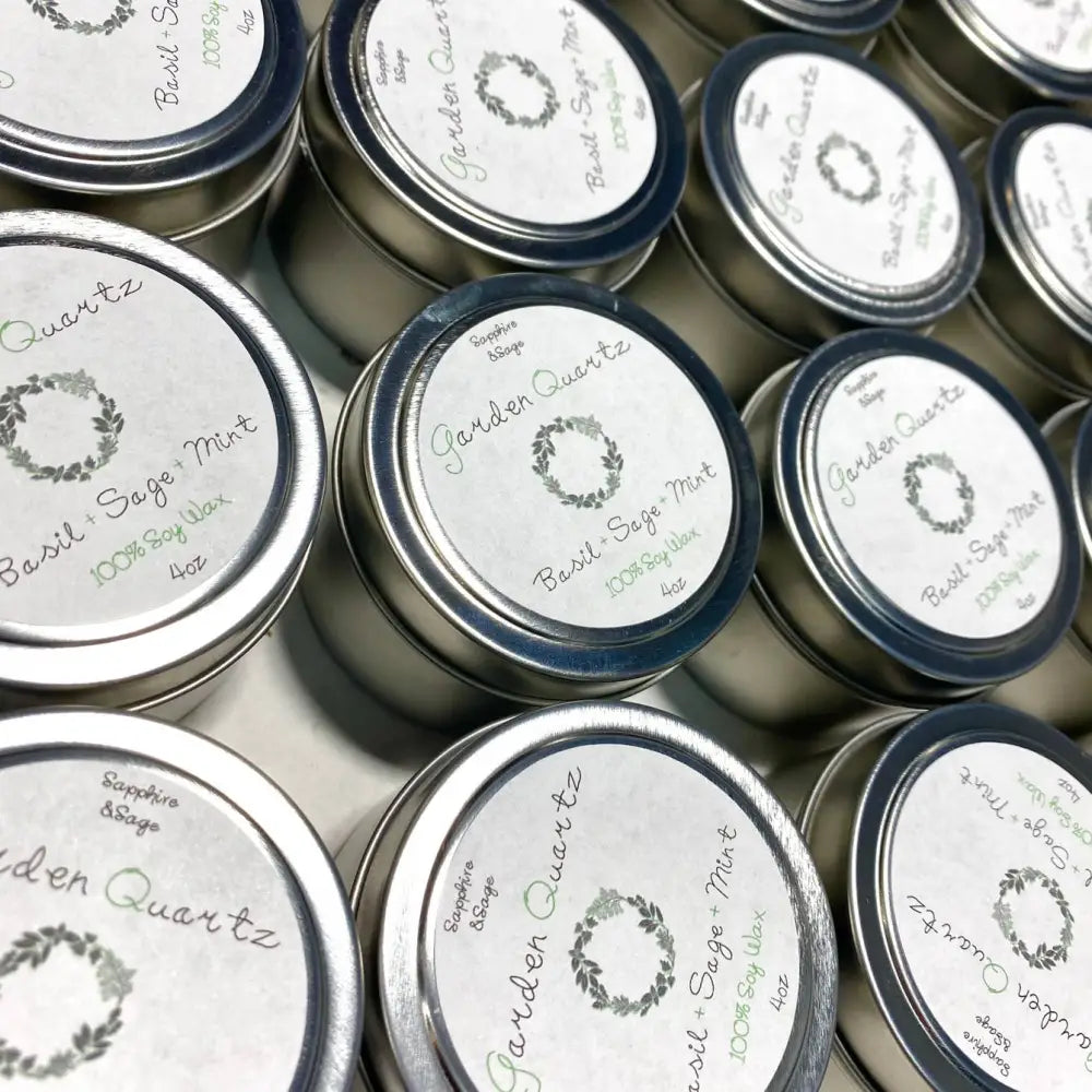 Silver tin candle holder with Basil and Garden Quartz label and wreath design