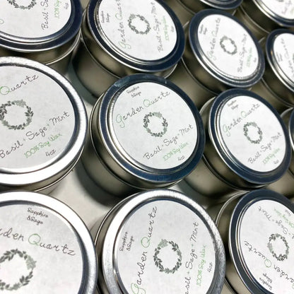 Silver tin candle holder with Basil and Garden Quartz label and wreath design