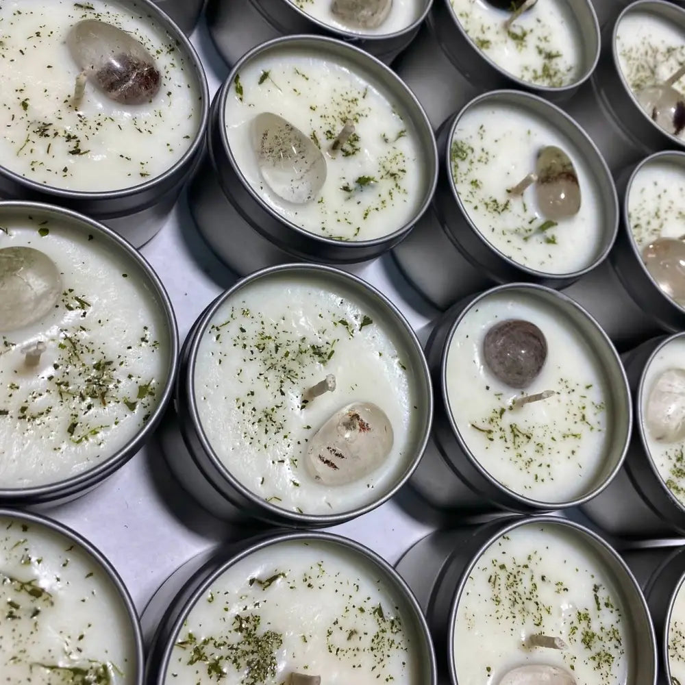 4oz Basil and Garden Quartz white mushroom candle tin with silver lid and green herb topping