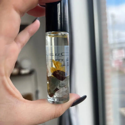 Clear glass rollerball pen with black cap and yellow flower design for Basil Sage Mint Perfume Roller 10ml