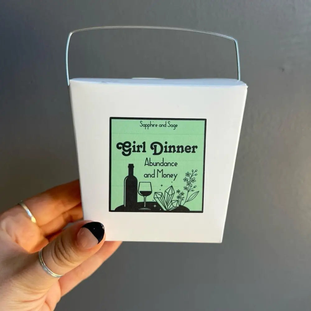 White plastic Girl Dinner Crystal Box with green wine label, jewelry, gems