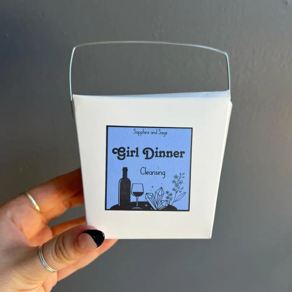 White square Girl Dinner Cleansing candle in crystal box with gems