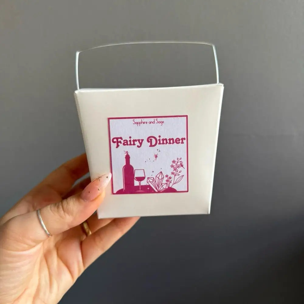 White box with pink fairy dinner label and wine bottle design in Girl Dinner Crystal Box