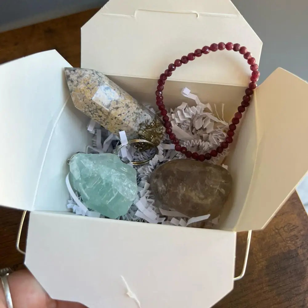 White Girl Dinner Crystal Box with gemstones and beaded bracelet