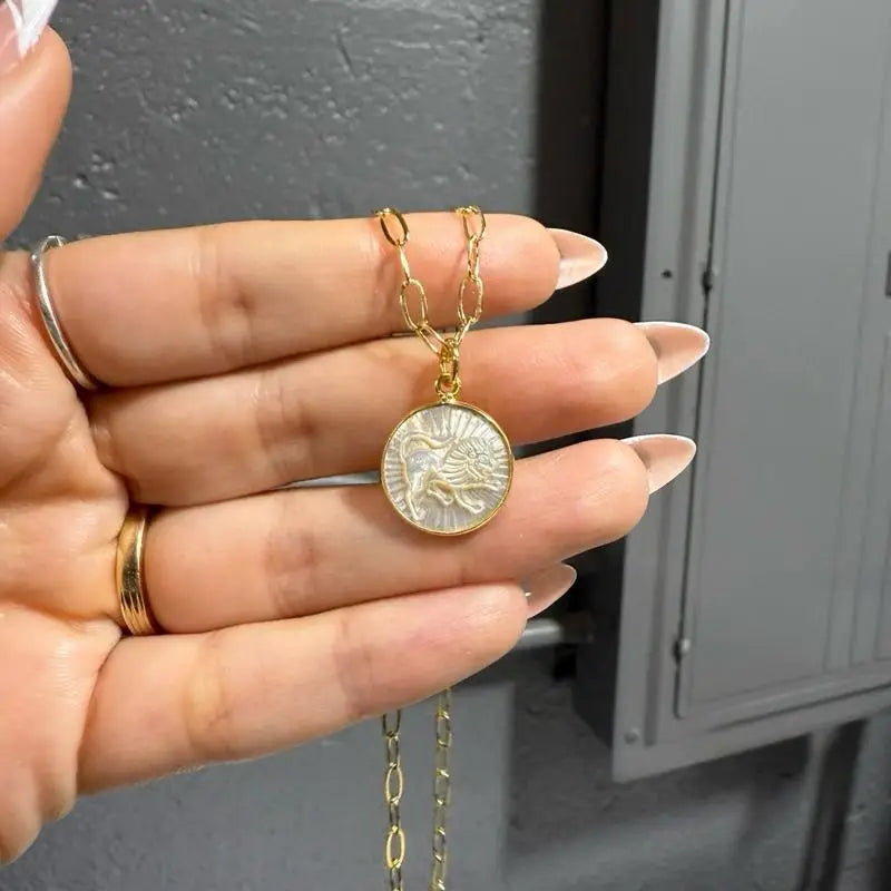 15mm gold coin zodiac pendant necklace with intricate design and adjustable chain