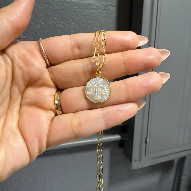 Gold 15mm zodiac pendant necklace with coin charm and adjustable chain