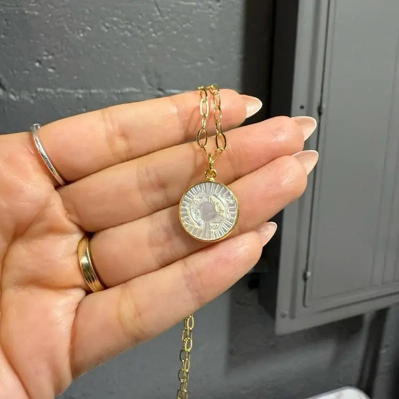 15mm gold coin locket zodiac pendant necklace with floral design and adjustable chain