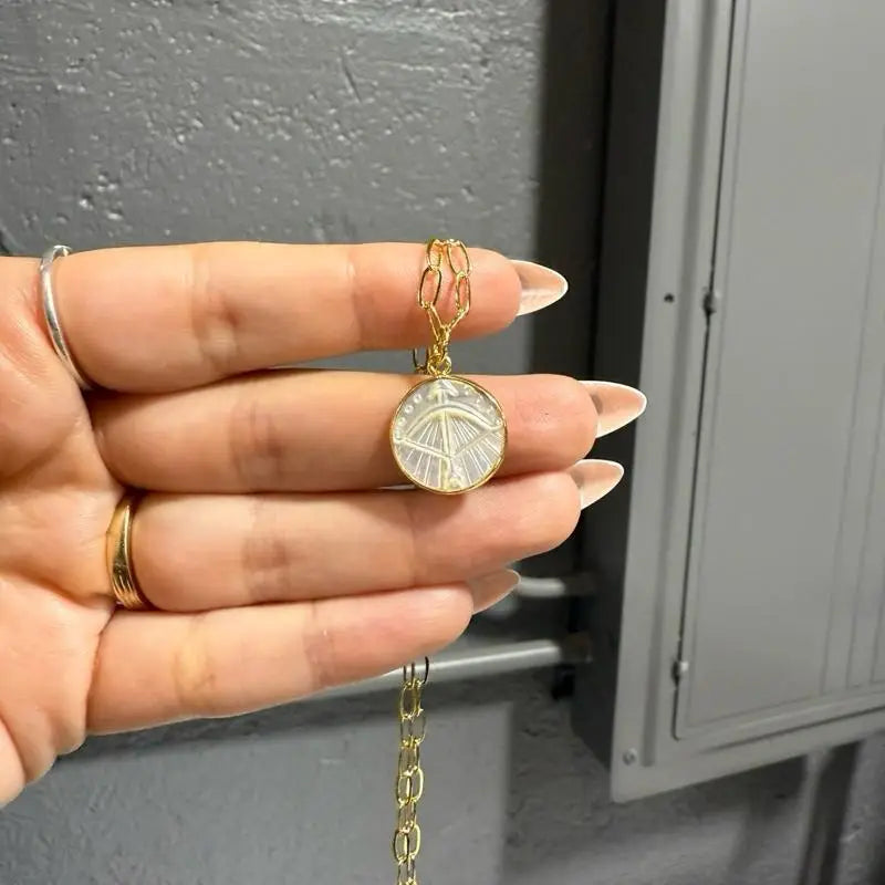 Gold coin necklace with leaf design, 15mm zodiac pendant on adjustable chain