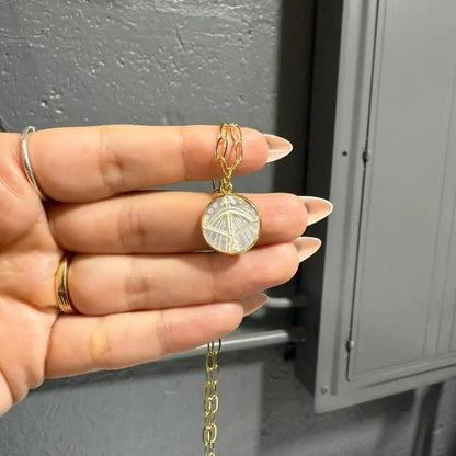 Gold coin necklace with leaf design, 15mm zodiac pendant on adjustable chain