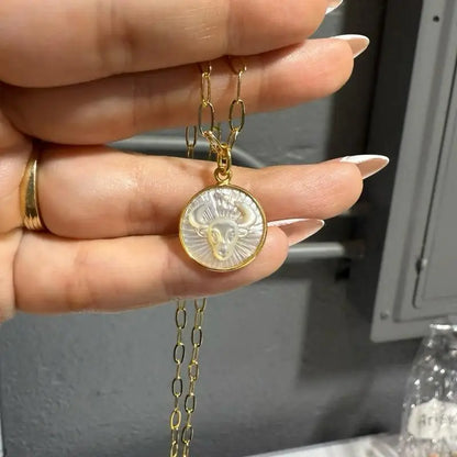 15mm gold coin pendant necklace with mother-of-pearl zodiac design