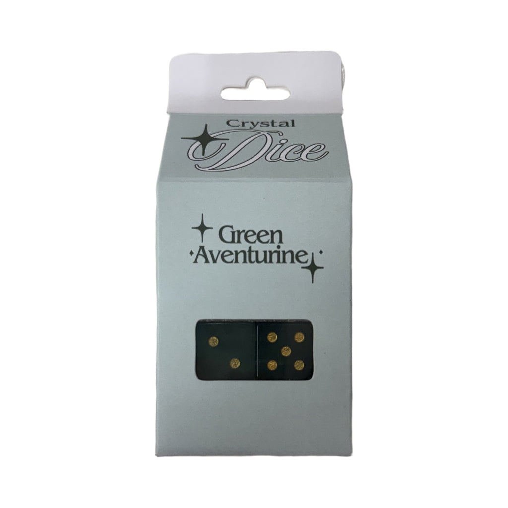 Green Aventurine Crystal Dice box with two green aventurine dice showing through the window