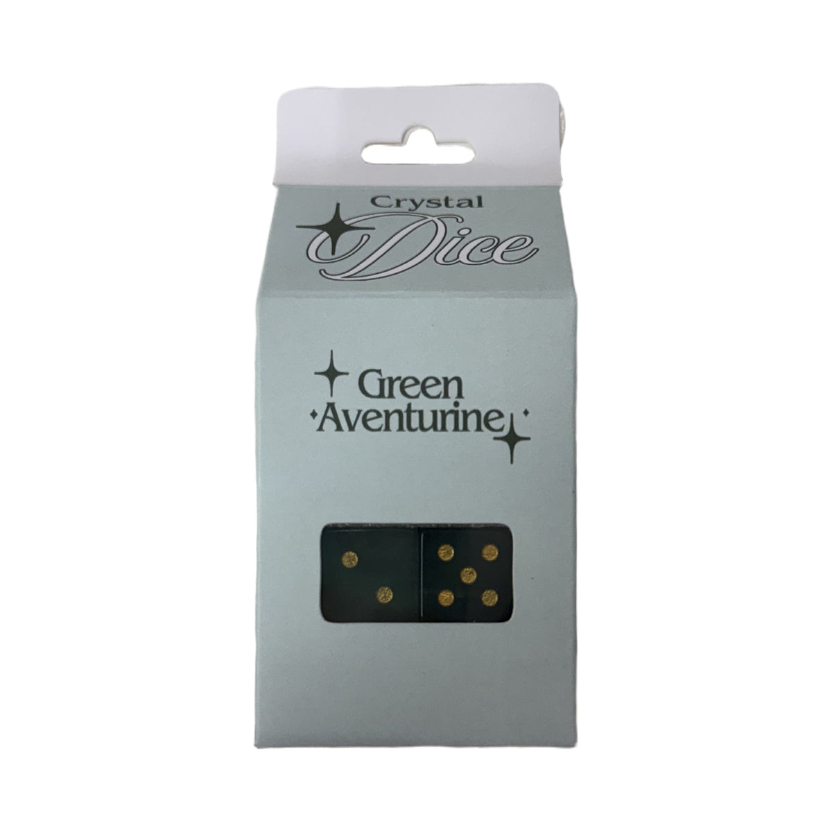 Green Aventurine Crystal Dice box with two green aventurine dice showing through the window
