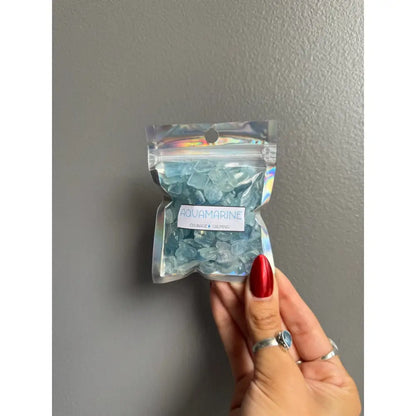 Premium blue crystal chip stones in clear bag with holographic accents for crafts