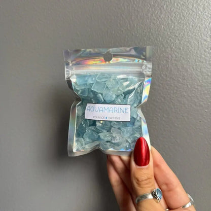 Premium Aquamarine gemstone chip stones in a bag for crafts and decor