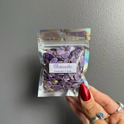 Holographic purple charoite chip bag with silver label for premium crystal crafts