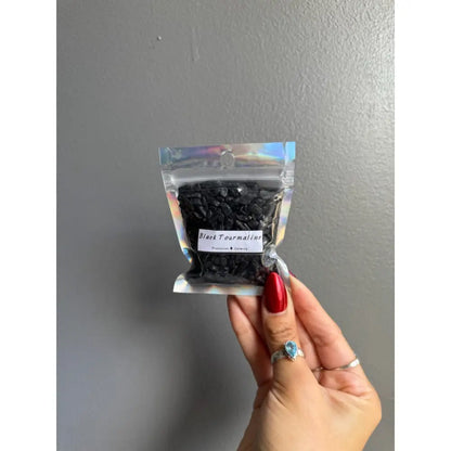 Premium black tourmaline chip stones bagged for crafts and decor