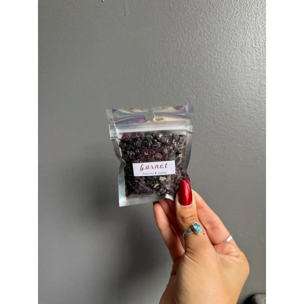 Premium garnet crystal chip stones in clear plastic bag for crafts