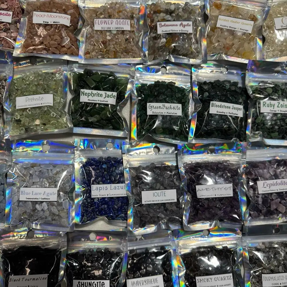 Holographic gemstone bag set of premium crystal chip stones for crafts and decor
