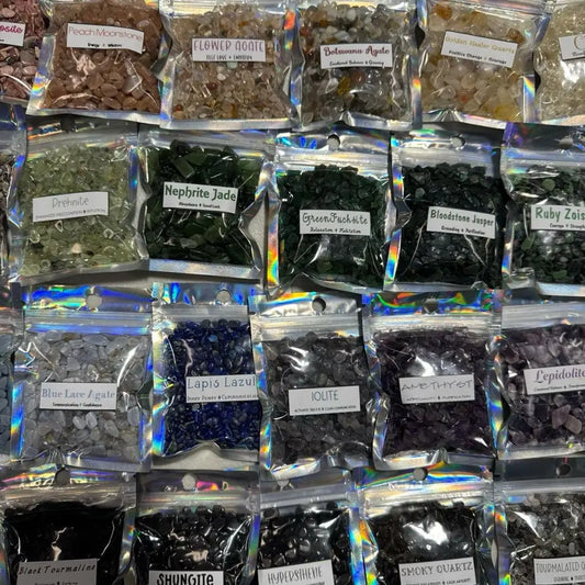 Holographic gemstone bag set of premium crystal chip stones for crafts and decor