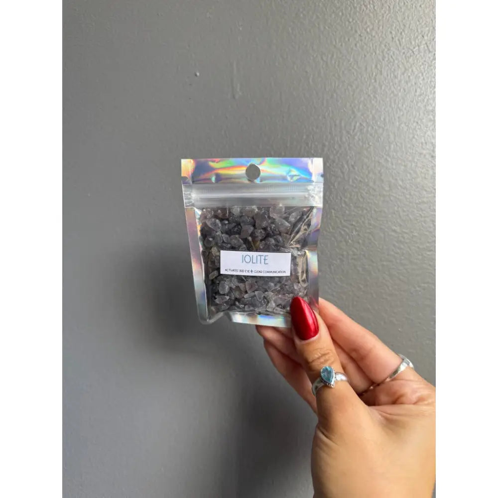 Premium Iridite gemstone chips bagged for crafts and decor