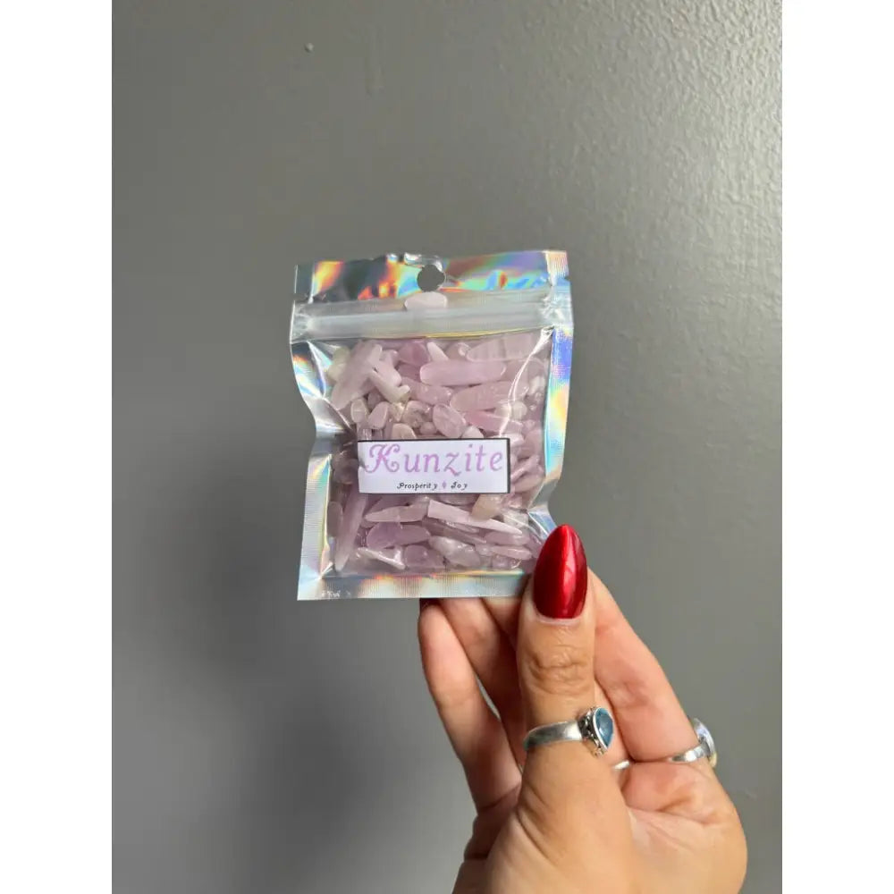 Premium lavender kunzite crystal chip stones in holographic pouch