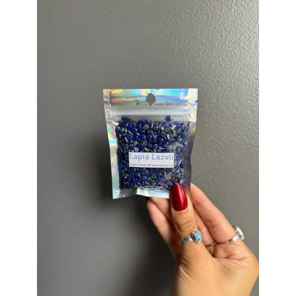Premium blue gemstone chip stones in bag for crafts and decor