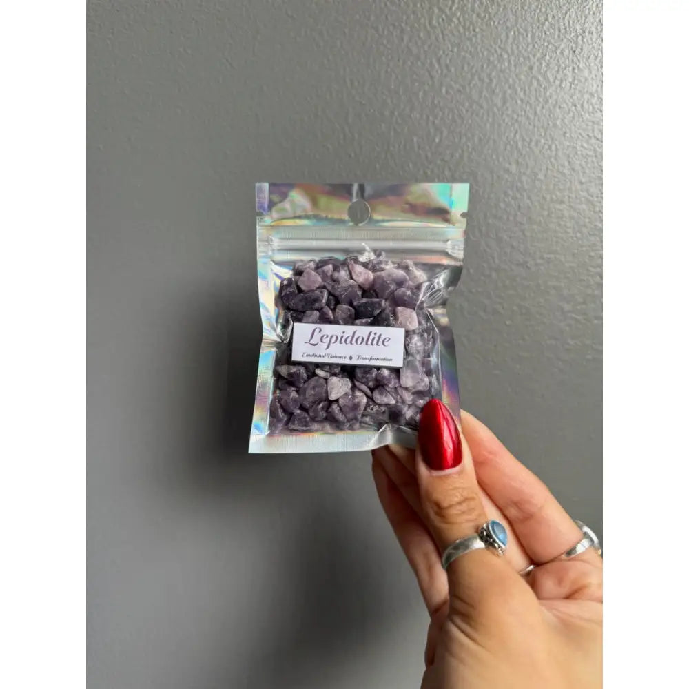 Lavender lepidolite gemstone chips in premium crystal bag for crafts