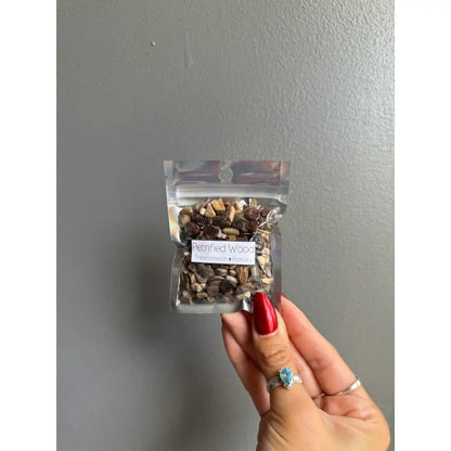 Premium crystal chip stones: refined wood chips in clear plastic bags for crafts