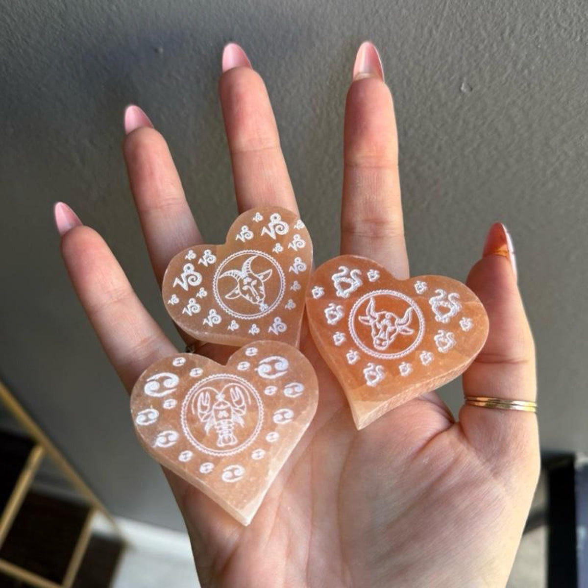 Peach Selenite Etched Zodiac Heart Crystal Carving