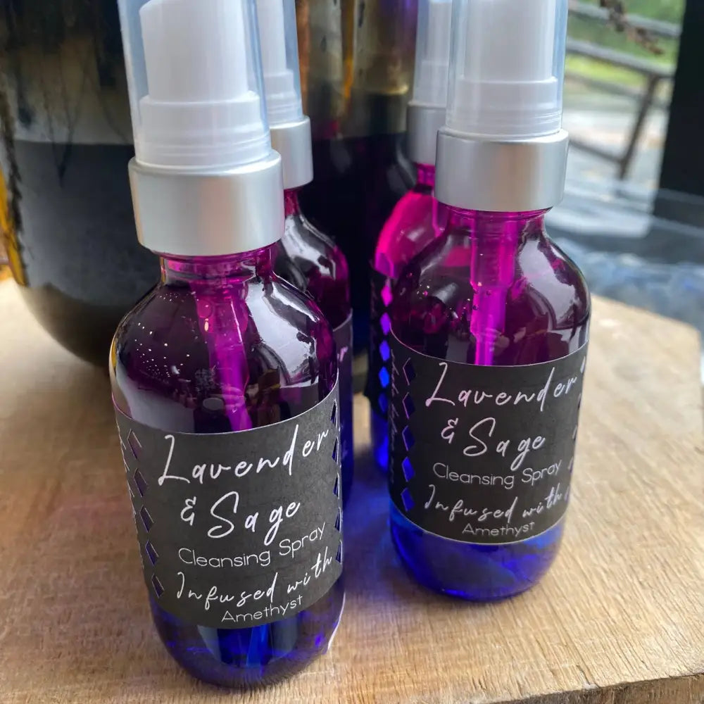 Amethyst crystal cleansing spray in clear glass bottle with lavender sage scent