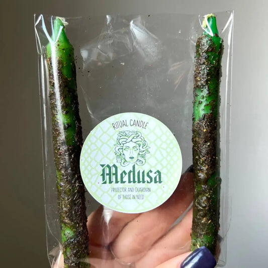 Green black Medusa ritual candle with snake wick, herbs oils 2 pack