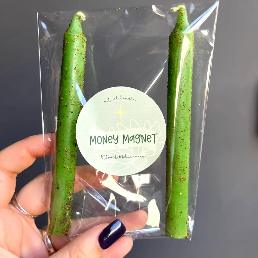 Green Money Magnet Ritual Candle in clear plastic pack for wealth